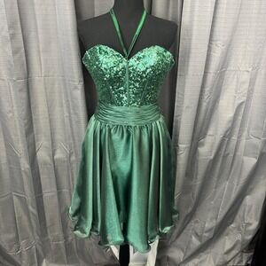 Sherri Hill Dress Womens 2 Emerald Green Sequin Halter Sweetheart Prom Cocktail